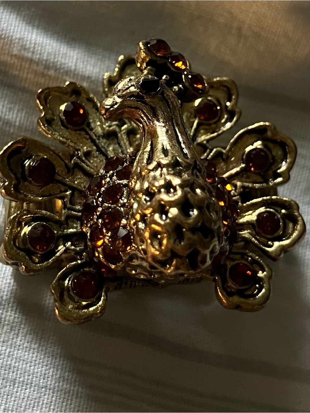 Peacock Expanding Ring Gold Tone Amber Color Fashion Jewelry Vintage Statement